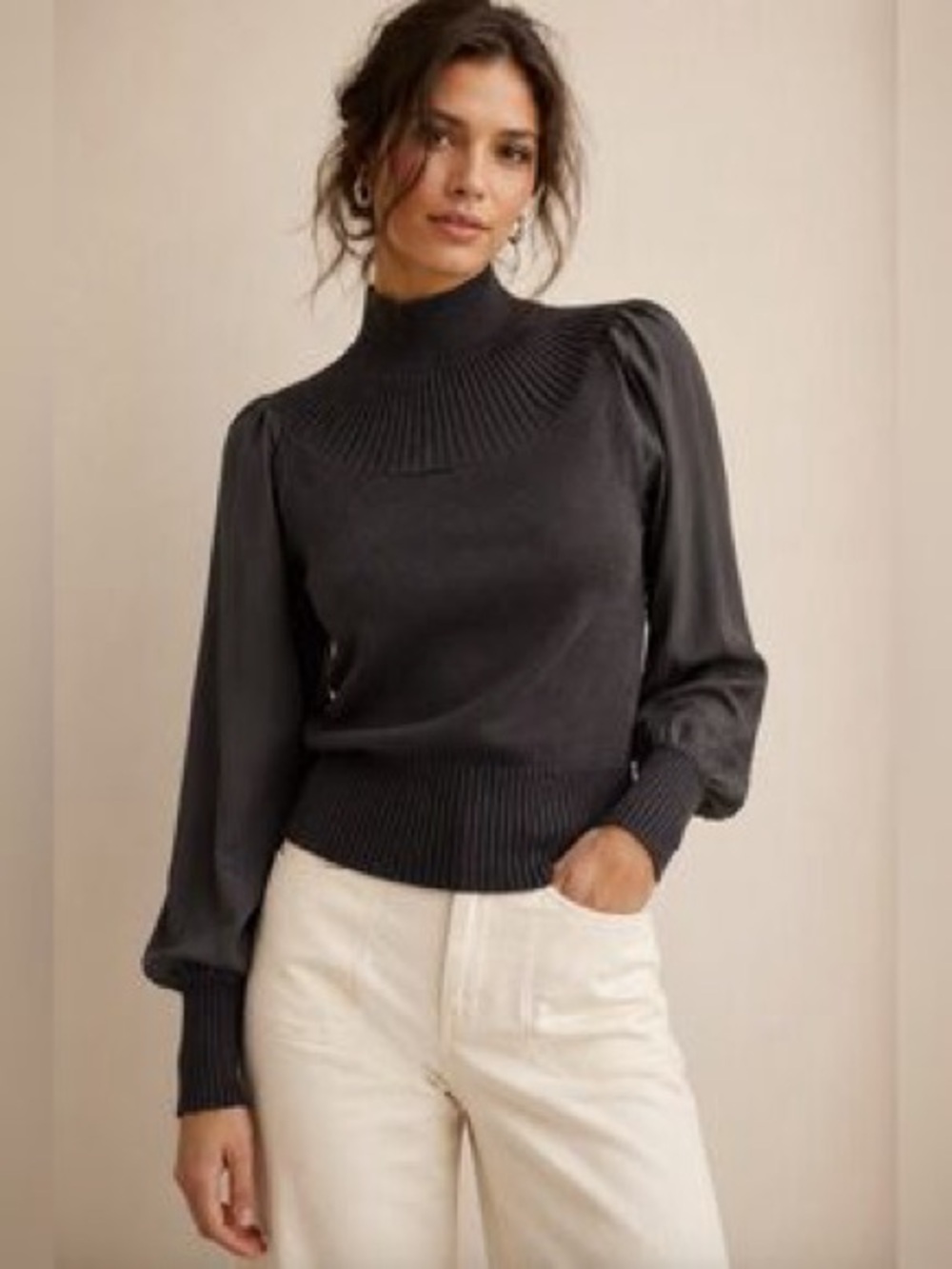 White House Black Market Black Mock-Neck Puff Sleeve Sweater